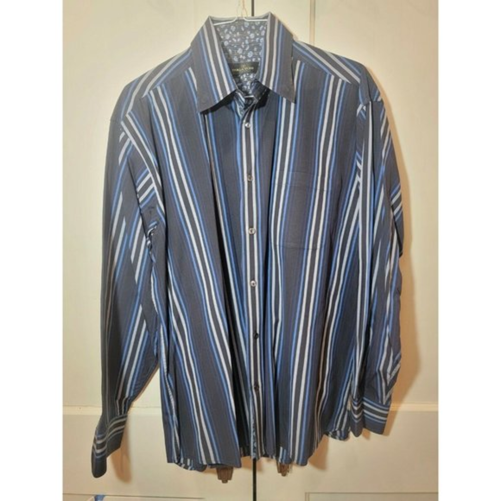 Men Bugatchi Uomo XL‎ Shirt Black Striped Blue Silv